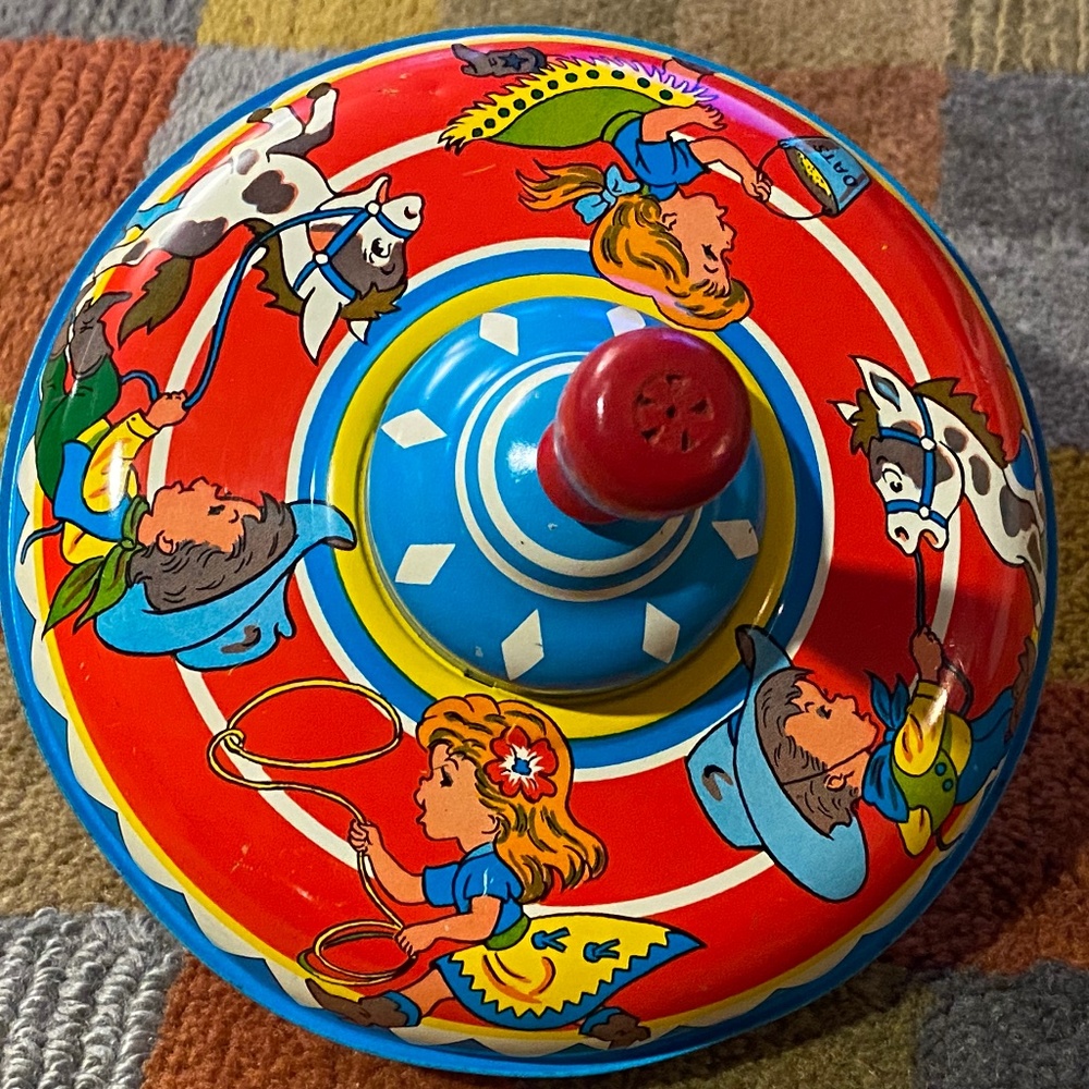Vintage toy, Metal Spinning Top, Ohio Art Co. 1950s, Cowboy + Cowgirl.